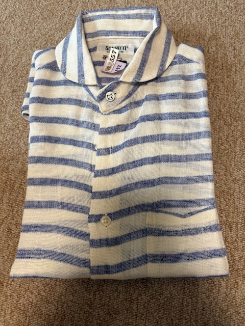 中古 SCHIATTI OAK スキャッティオーク マリンシャツ 半袖シャツ ボーダー Lサイズ 麻100% ラウンドカラー拍卖