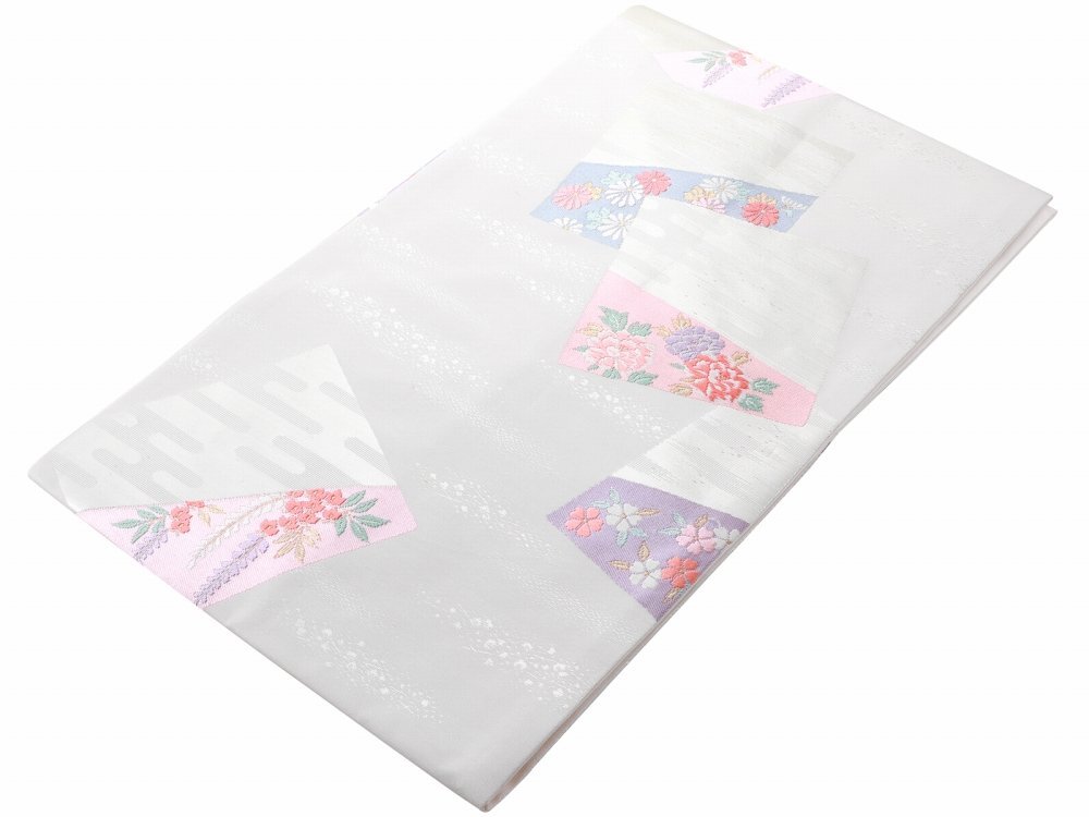 ■西陣織■正絹 名古屋帯 お仕立て上がり 六通柄 ホワイトベージュ系 nk-313-18 【礼装 フォーマル セミフォーマル 訪問着 色無地 付下】拍卖