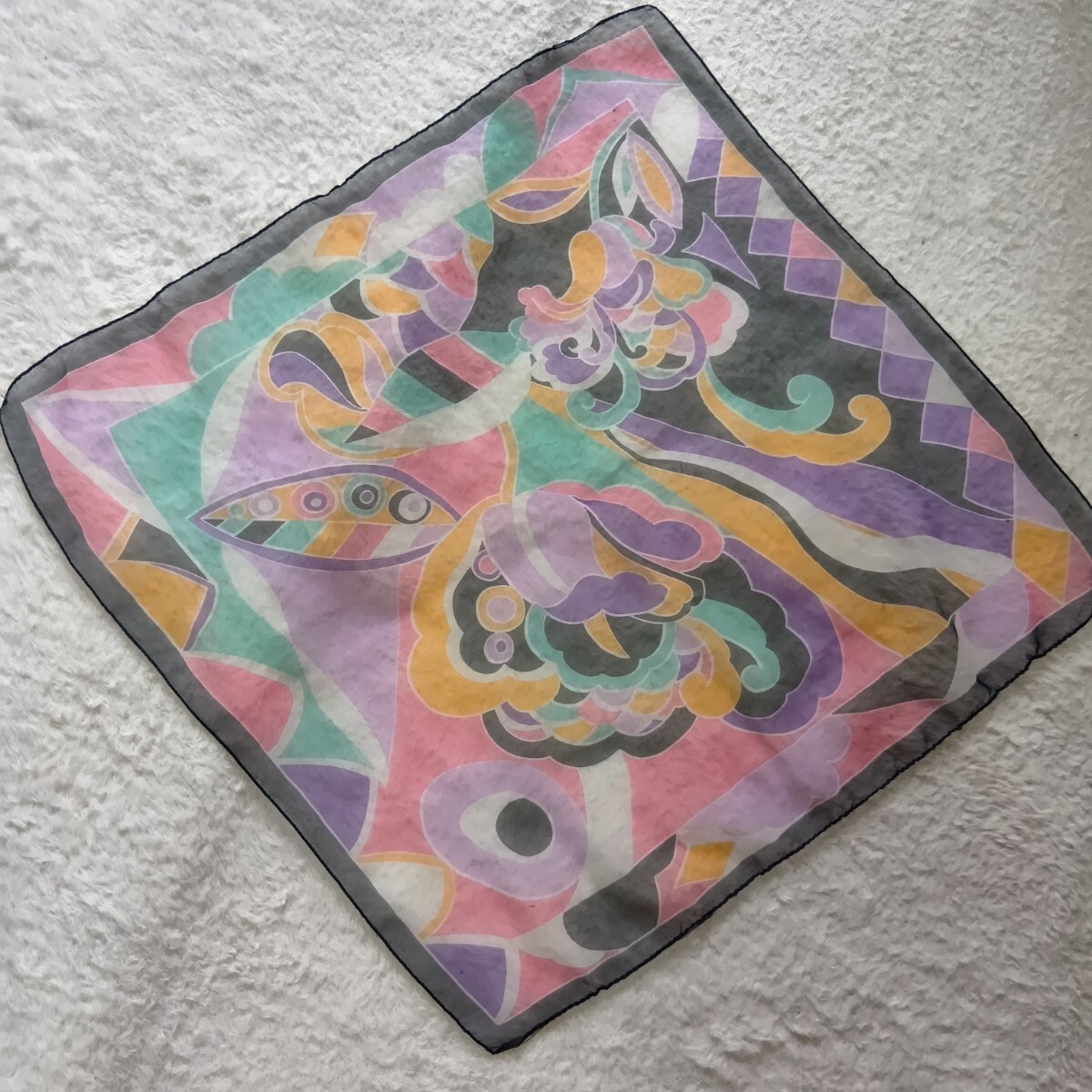 【シルク100%】ヴィンテージ Cejon accesaries シアー 透け感 カラフル プチスカーフ ハンカチサイズ ★1000拍卖