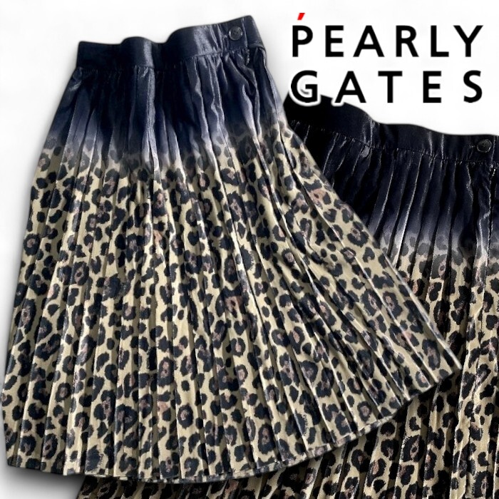 PEARLY GATES パーリーゲイツ 定価3.7万 ベルベット レオパード ひざ丈 プリーツスカート ゴルフ レディース 2234018 011 0▲041▼50729w07拍卖