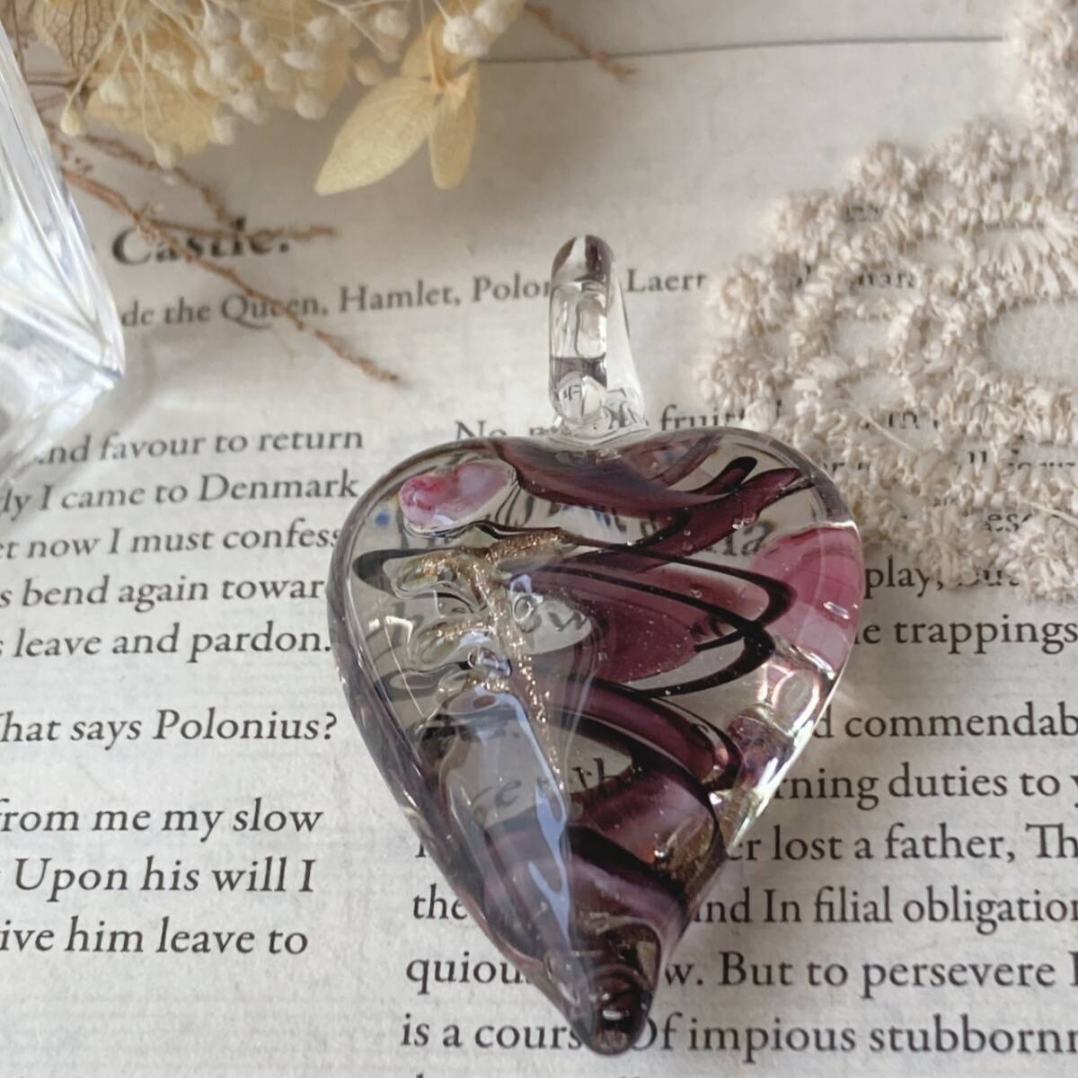 ペンダントトップ ガラスペンダント ベネチアン風 ハート ピンク パープル 美品☆vintage jewelry accessoriesR0744拍卖