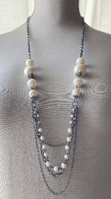 ロングネックレス パール 大玉 ブラックシルバー メタリック 多連チェーン☆vintage jewelry accessoriesR0678拍卖