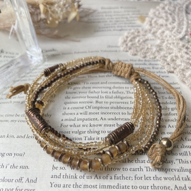 ビーズブレスレット ビーズ ゴールドカラー ナチュラル かわいい 調整 アンクレット☆vintage jewelry accessoriesR0697拍卖