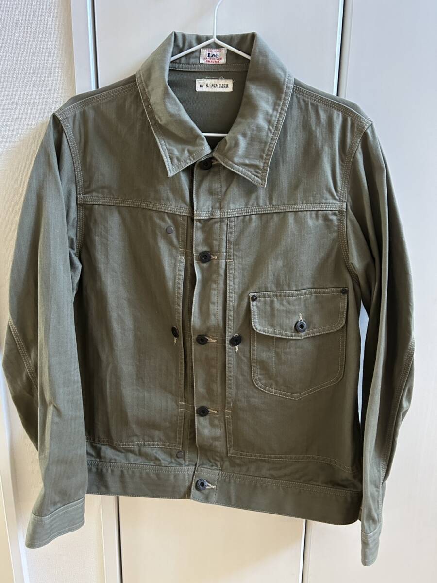 Lee BY SAMLLER ヘリンボーン生地 デニムジャケット Gジャン レプリカ 1stタイプ オリーブグリーン色 サイズ38 M相当 中国製 綿100%拍卖