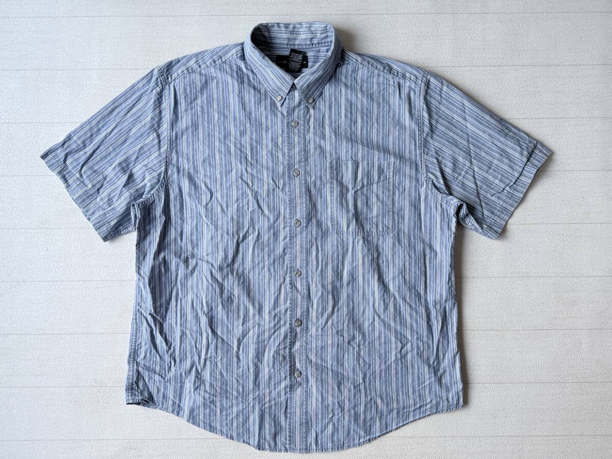 croft&barrow USA直輸入 古着 半袖 胸ポケット付き ストライプ ボタンダウン シャツ メンズ L ブルー系 トップス 中古 拍卖
