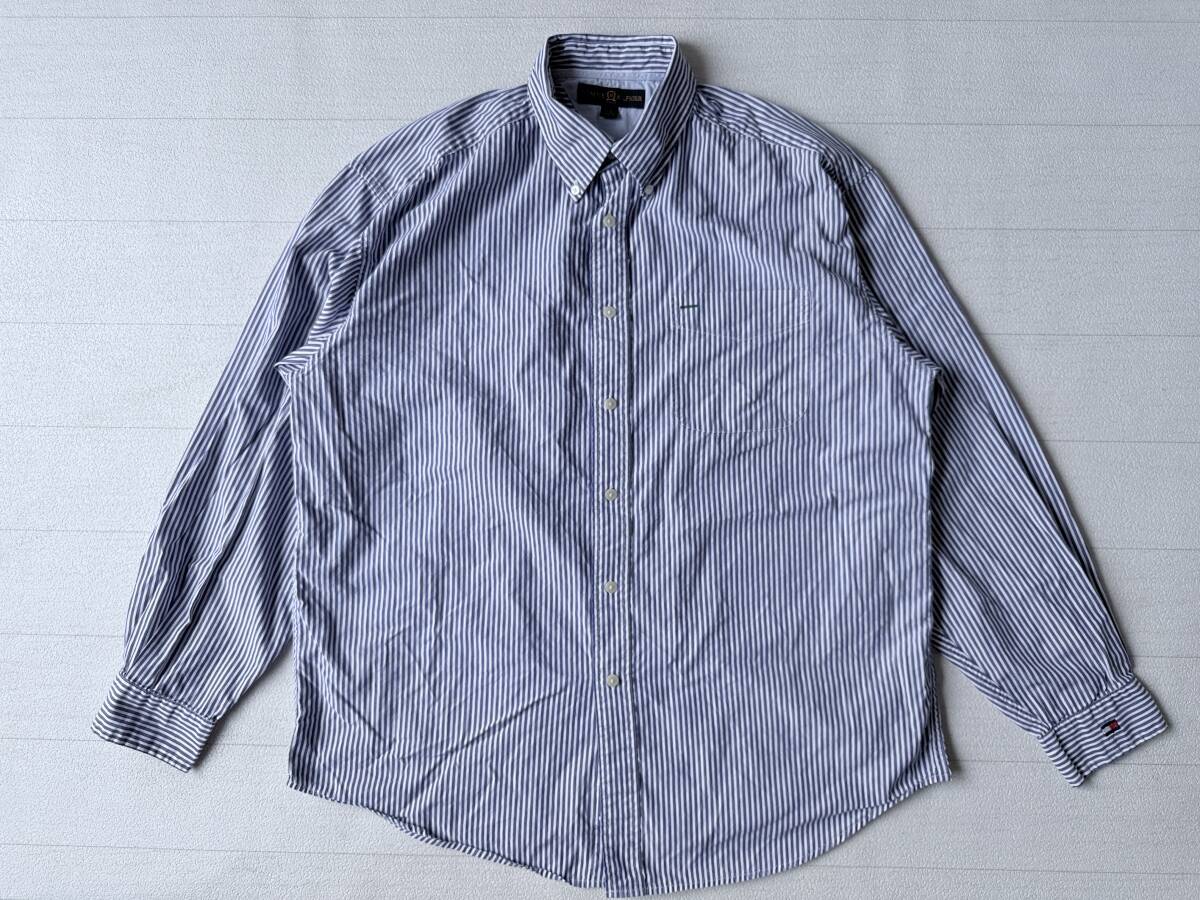 ☆送料無料☆ TOMMY HILFIGER トミーヒルフィガー USA直輸入 古着 長袖 胸ポケット付き ストライプ ボタンダウン シャツ メンズ L 青紫色拍卖
