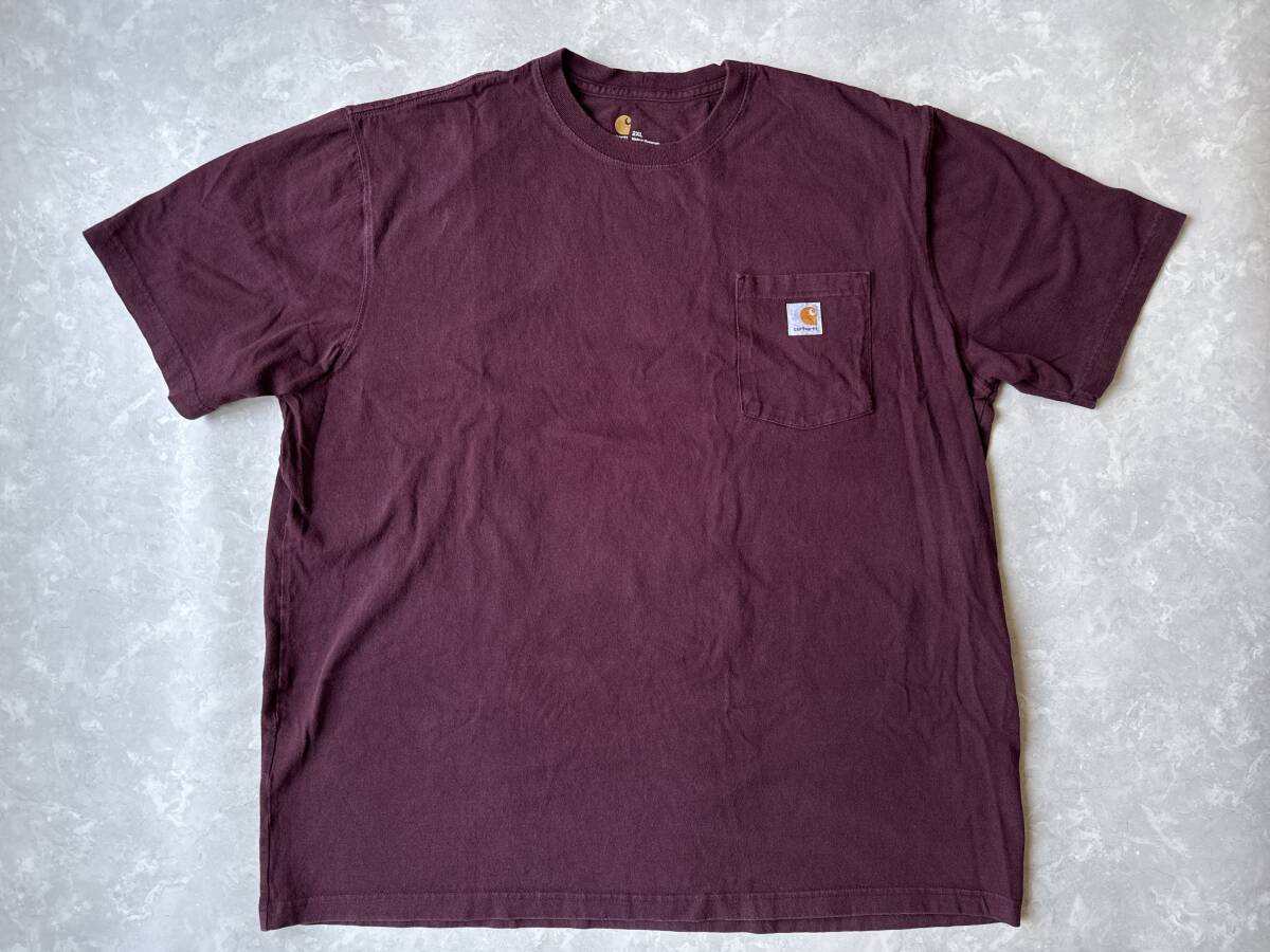 ☆送料無料☆ Carhartt カーハート USA直輸入 古着 半袖 胸ポケット付き Tシャツ メンズ 2XL オリジナルフィット ボルドー トップス 中古拍卖