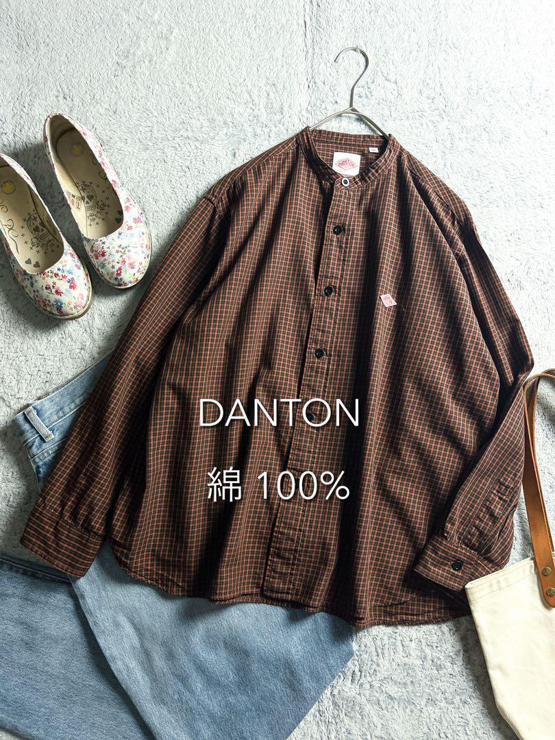 【DANTON】ダントン チェック柄 コットンツイル バンドカラーシャツ 36拍卖