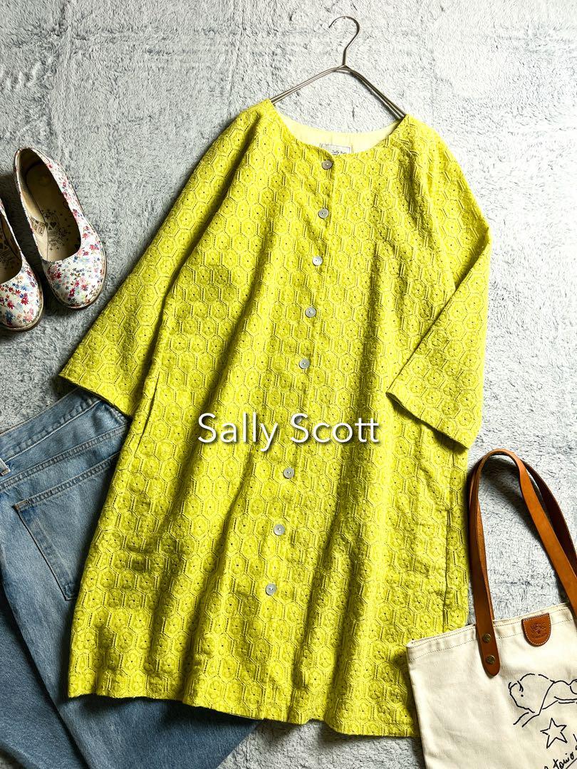 【Sally Scott】ジャガード レース刺繍ノーカラーコート 羽織り M 黄拍卖