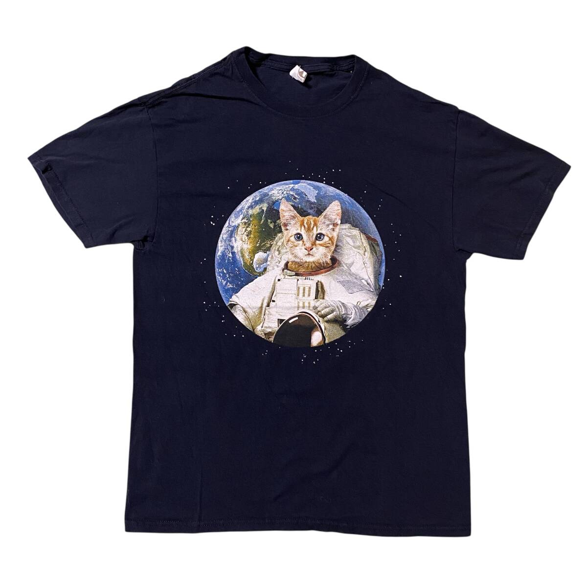 アメリカ古着 猫 ネコ 宇宙飛行士 アニマル プリント 半袖 Tシャツ US古着 ブラック Mサイズ 【I1815】拍卖