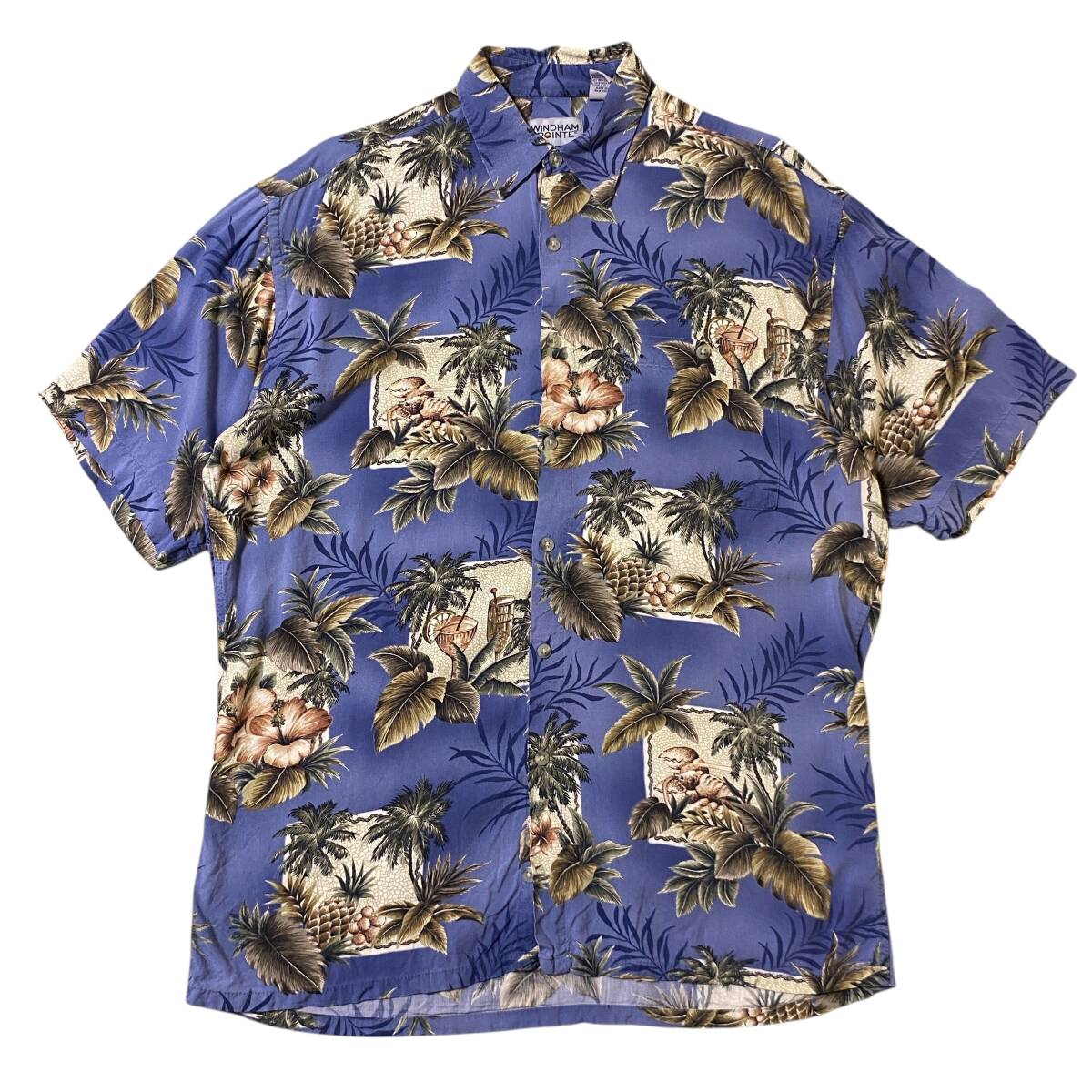 アメリカ古着 アロハシャツ パイナップル パームツリー ハワイアン レーヨン Mサイズ 【AL298】拍卖