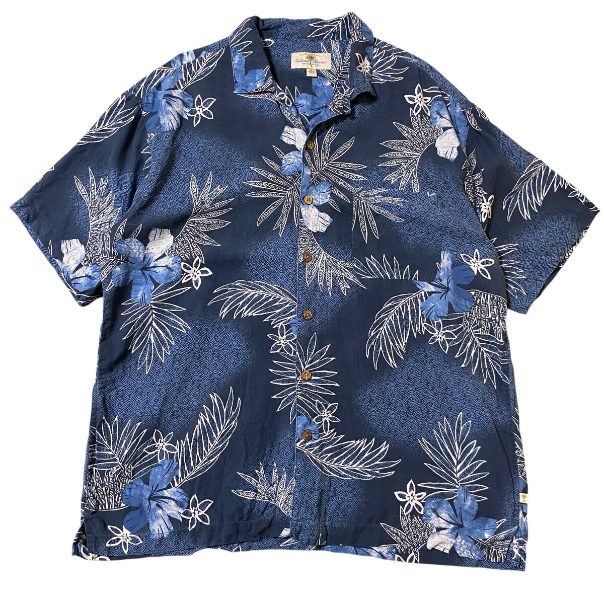 アメリカ古着 シルク アロハシャツ ハイビスカス リーフ 開襟 オープンカラー ハワイアン XLサイズ 【AL299】拍卖