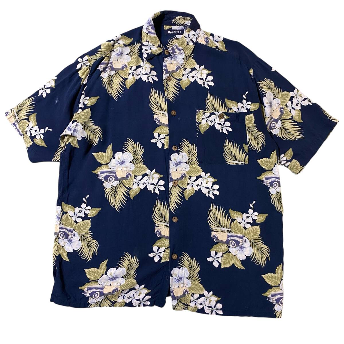 アメリカ古着 puritan ピューリタン アロハシャツ ハイビスカス リーフ ハワイアン Mサイズ 【AL313】拍卖