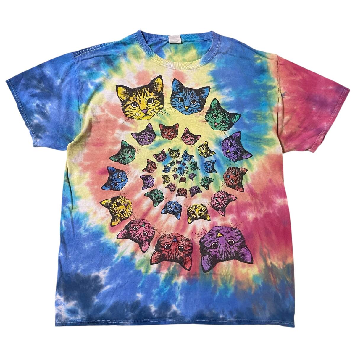 アメリカ古着 猫 ネコ サイケデリック タイダイ 半袖 Tシャツ アニマル プリント Lサイズ 【I1880】拍卖