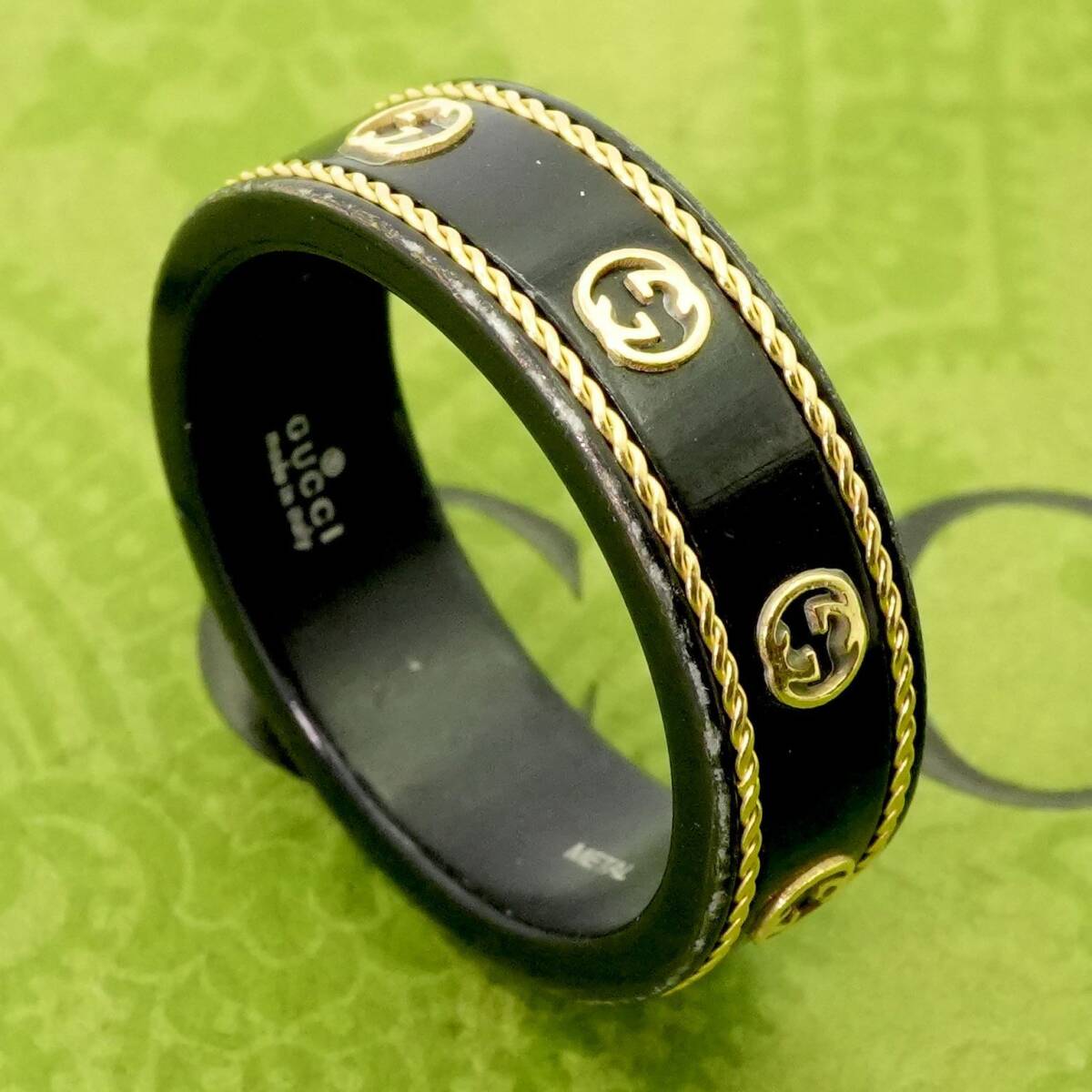 18号 グッチ インターロッキング ブラック アイコン リング/24-4303拍卖
