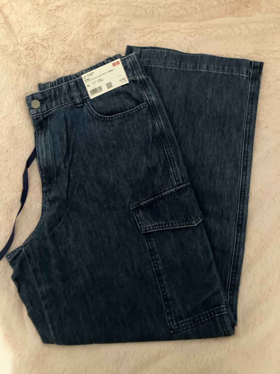 ユニクロ UNIQLO デニムワイドストレートカーゴパンツ(丈長め77cm) 67-Blue拍卖