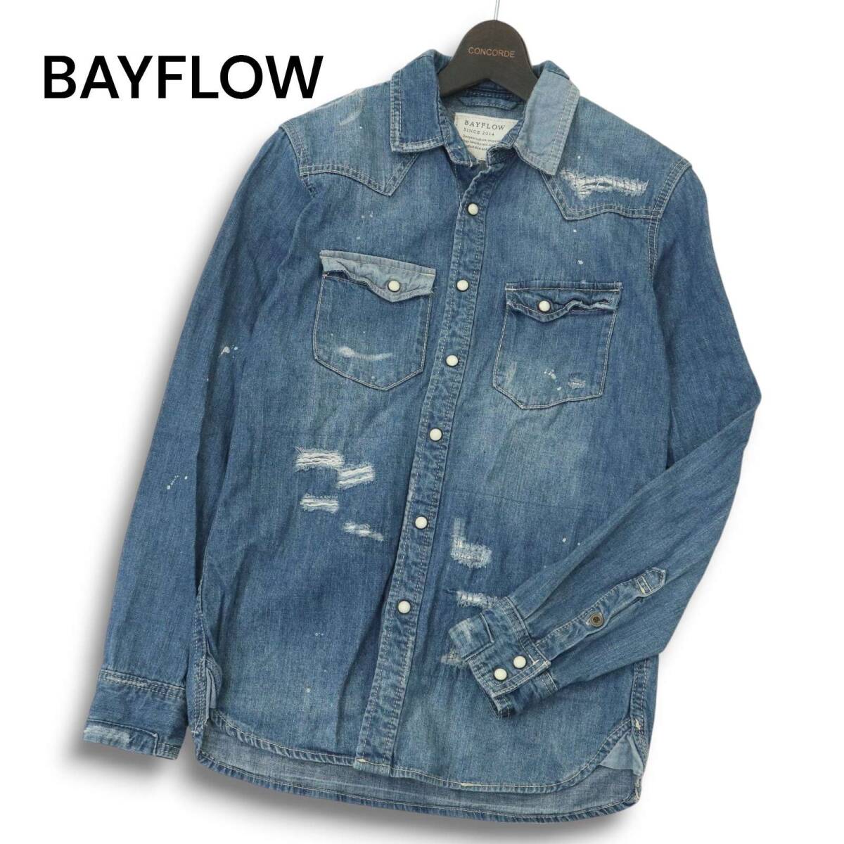 BAYFLOW ベイフロー ペンキ リペア&USED加工★ 長袖 ウエスタン デニム シャツ Sz.2 メンズ拍卖