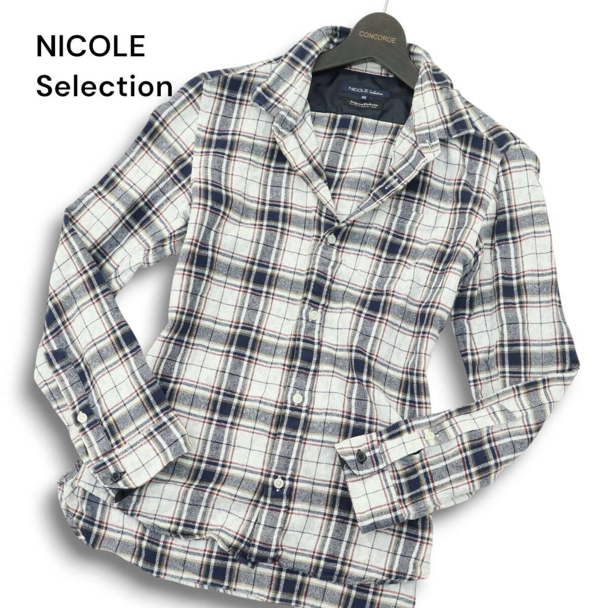 NICOLE Selection ニコル セレクション 通年 ワイヤー★ 日本製生地 長袖 スリム チェック シャツ Sz.46 メンズ拍卖