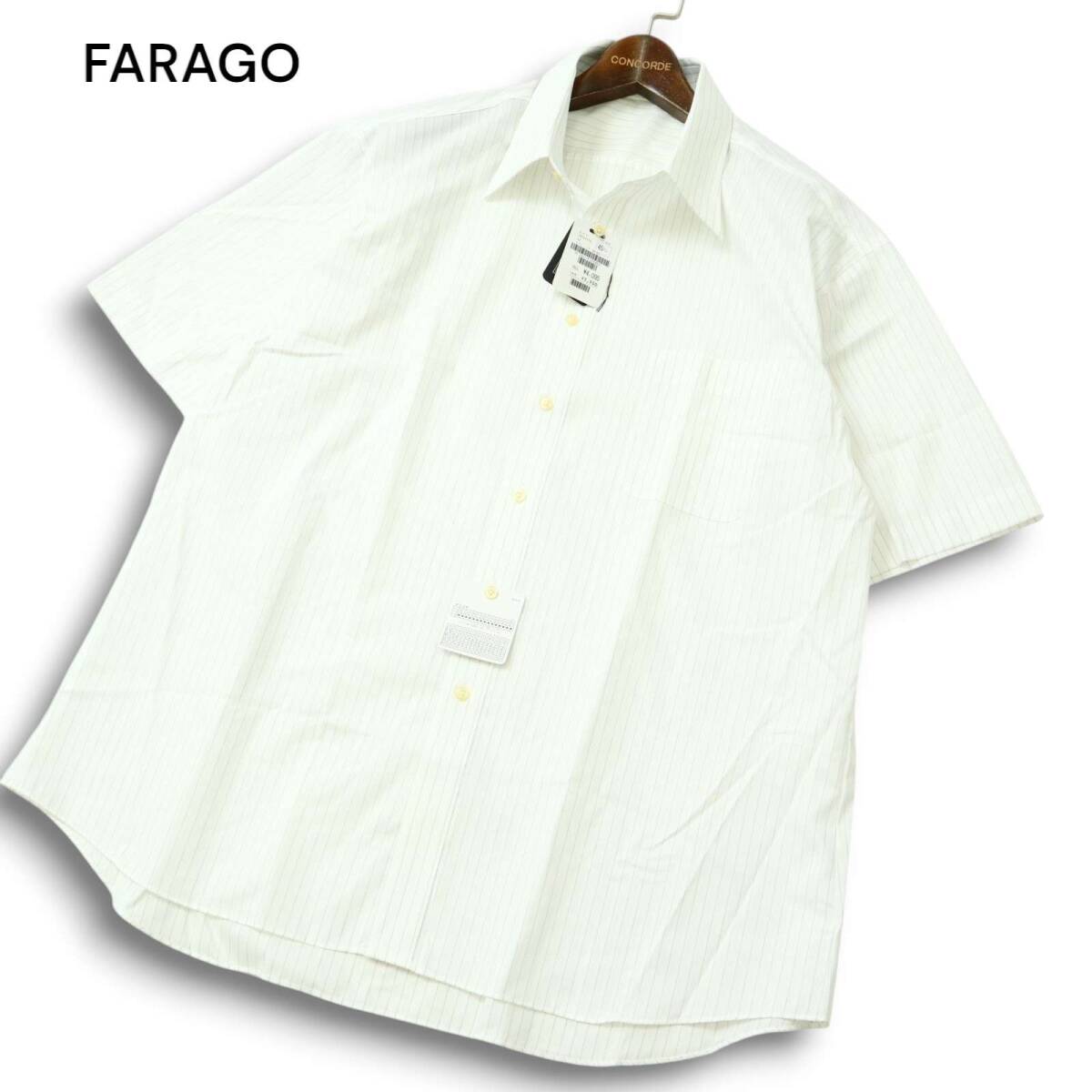 新品 未使用★ FARAGO ファラゴ 涼感 防汚加工 形態安定 半袖 ストライプ シャツ ワイシャツ Sz.45 メンズ 白 大きいサイズ拍卖