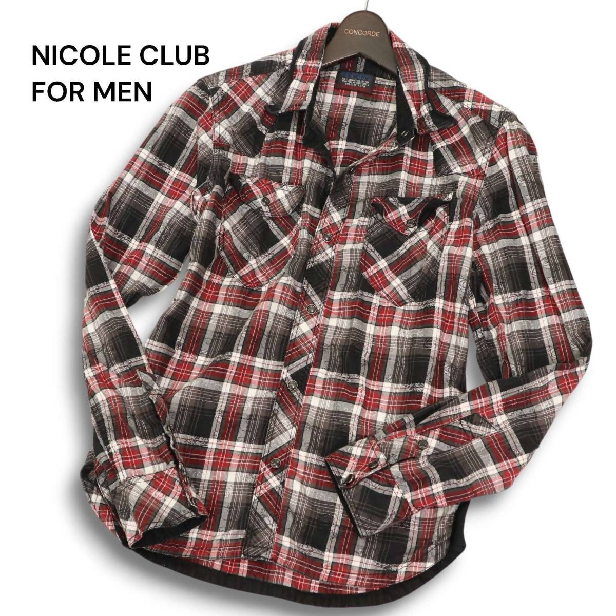 NICOLE CLUB FOR MEN ニコルクラブ フォーメン 通年 花柄 フラワー柄★ 長袖 ウエスタン チェック シャツ Sz.46 メンズ拍卖