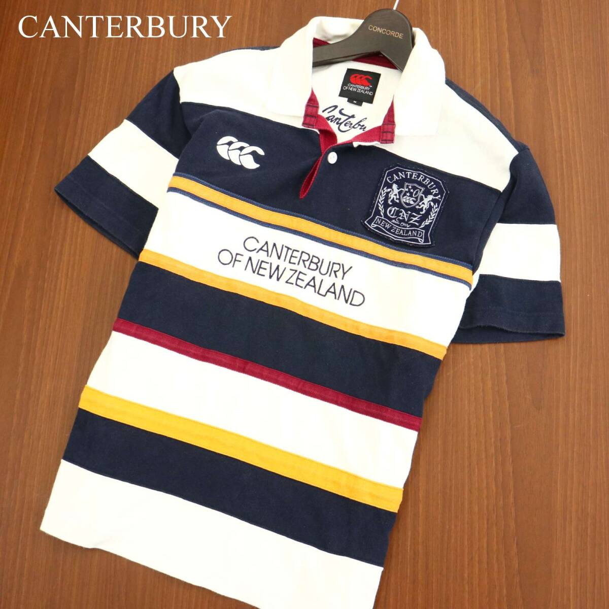 CANTERBURY カンタベリー ロゴ ワッペン★ ボーダー 半袖 ポロシャツ ラガーシャツ Sz.M メンズ ネイビー拍卖