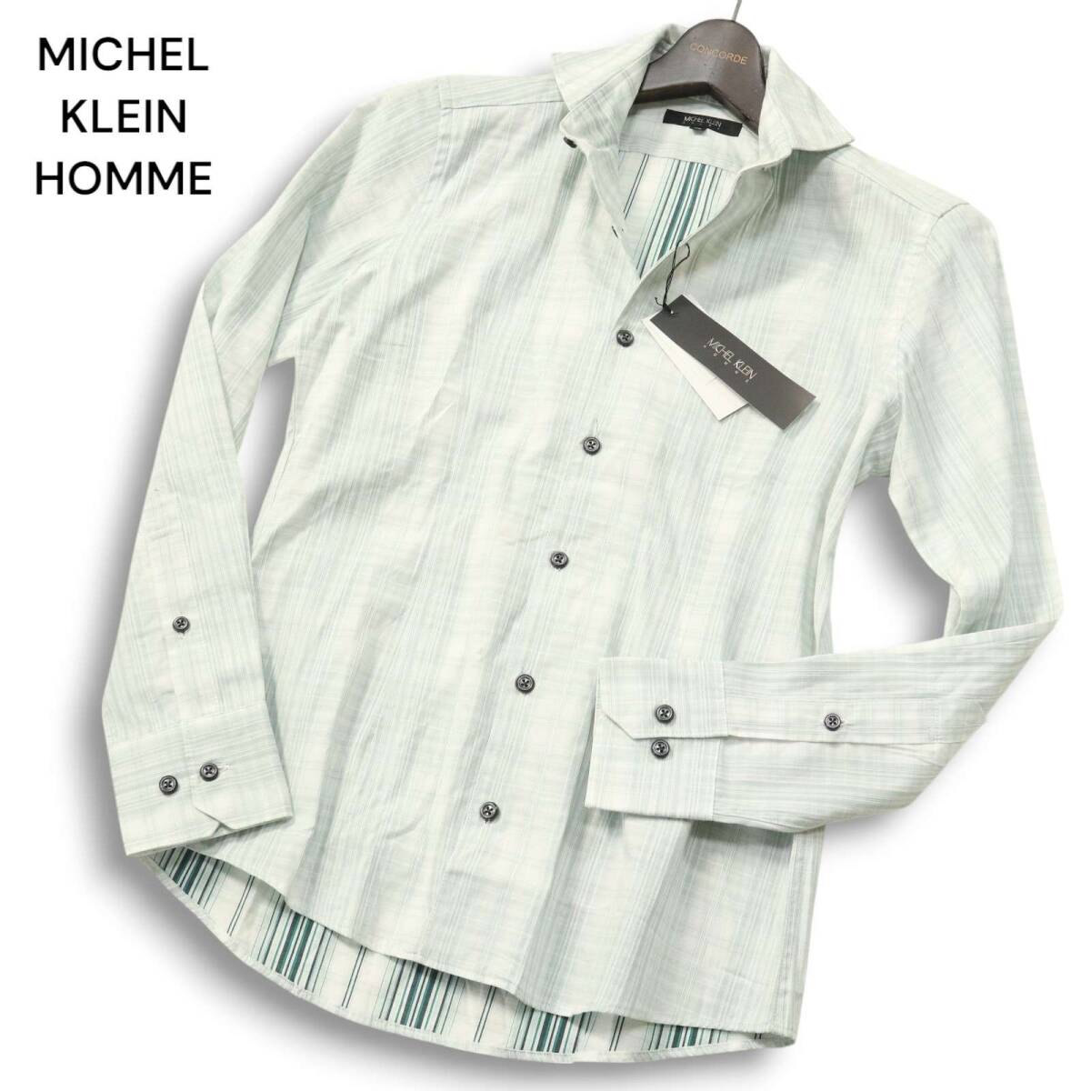 【新品 未使用】 MICHEL KLEIN HOMME ミッシェルクラン オム 通年 長袖 チェック&ストライプ シャツ Sz.46 メンズ拍卖