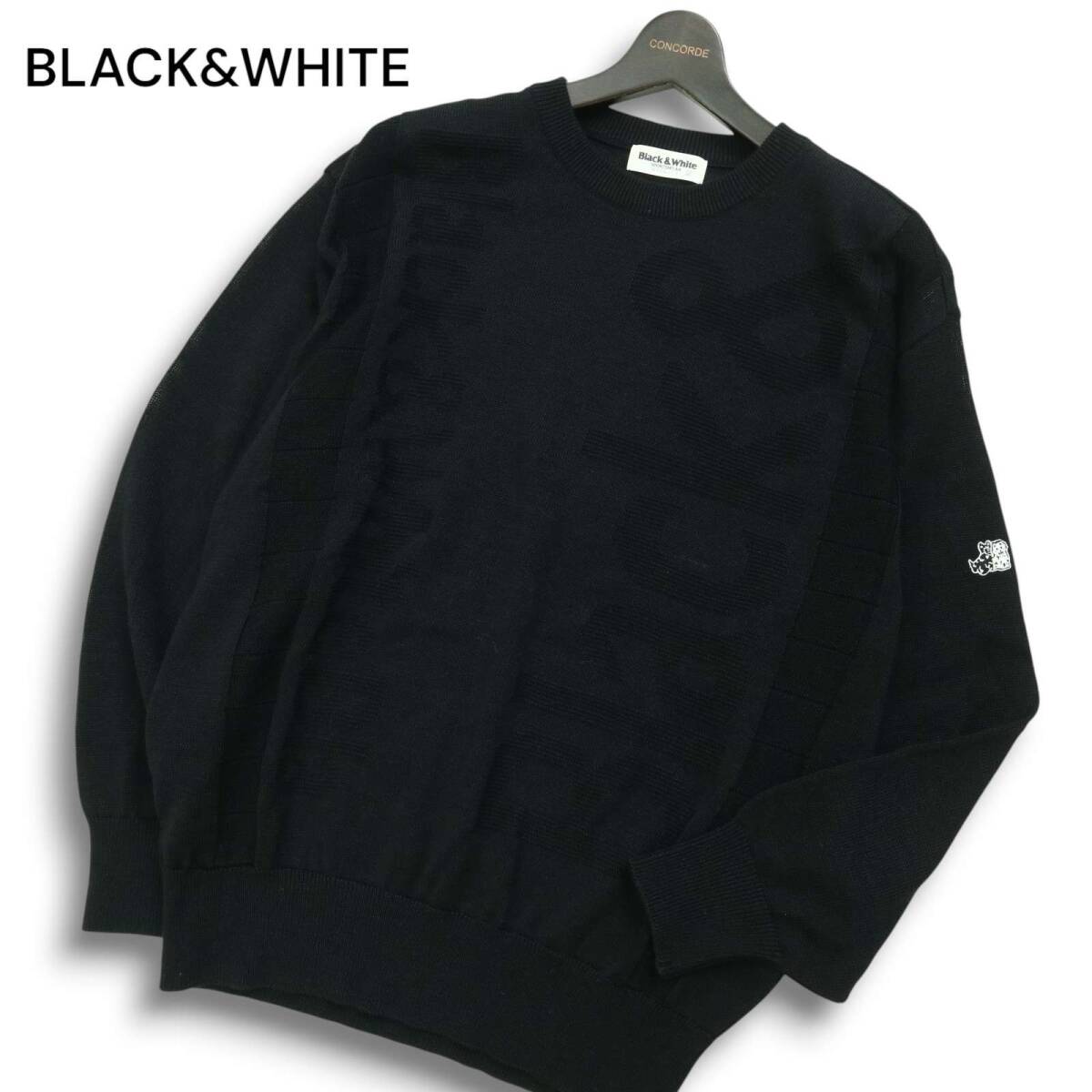 BLACK&WHITE ブラック&ホワイト ゴルフ ビッグ ロゴ★ 麻 リネン混 セーター ニット Sz.LL メンズ 黒 大きいサイズ 日本製拍卖