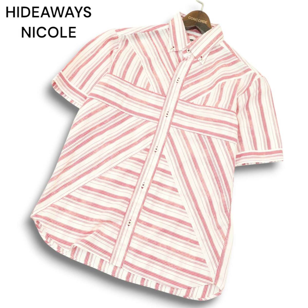 HIDEAWAYS NICOLE ハイダウェイ ニコル 春夏 ブロック切替★ マルチストライプ 半袖 ボタンダウン シャツ Sz.48 メンズ拍卖