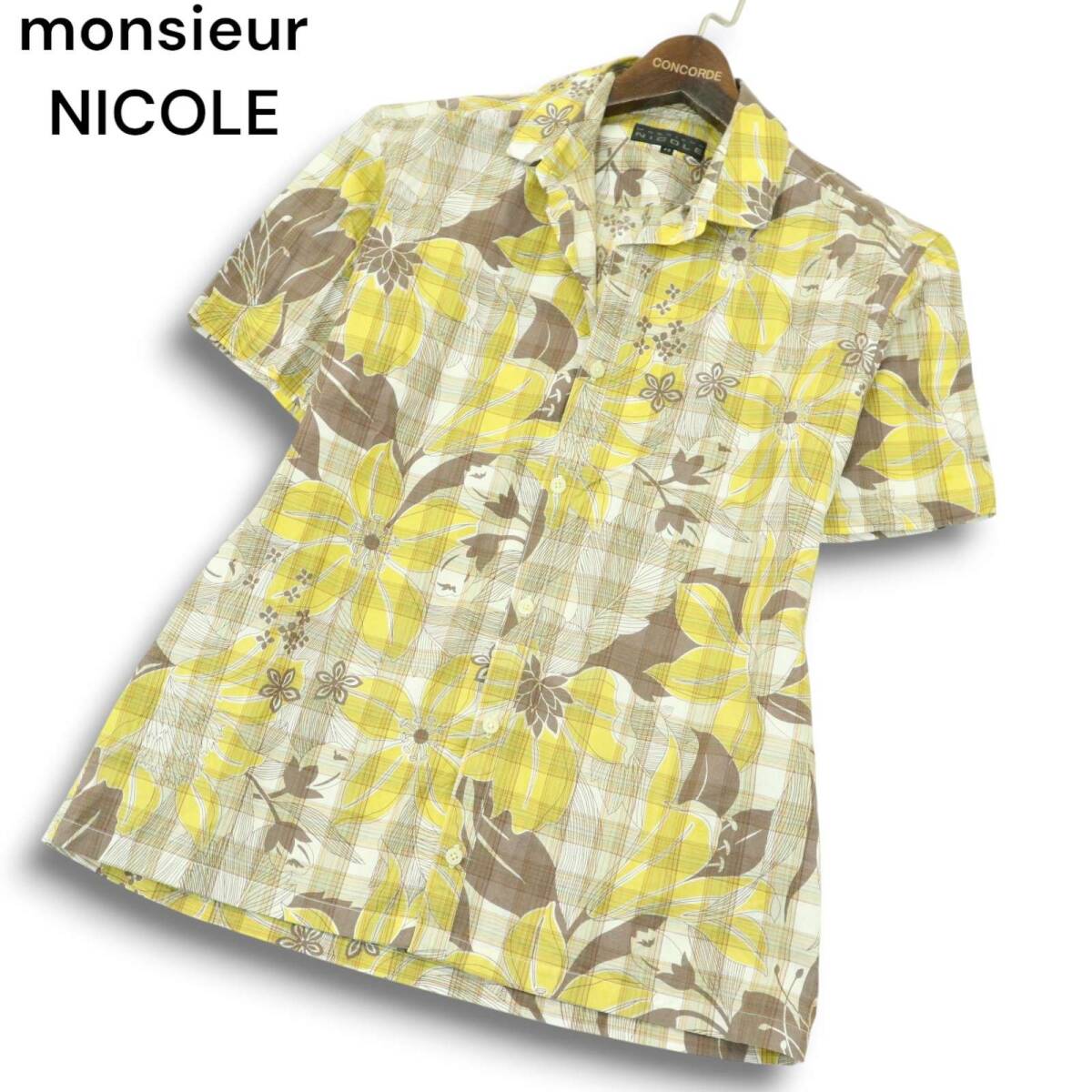 monsieur NICOLE ムッシュ ニコル 春夏 花 フラワー柄 × チェック 総柄★ 半袖 シャツ Sz.48 メンズ拍卖