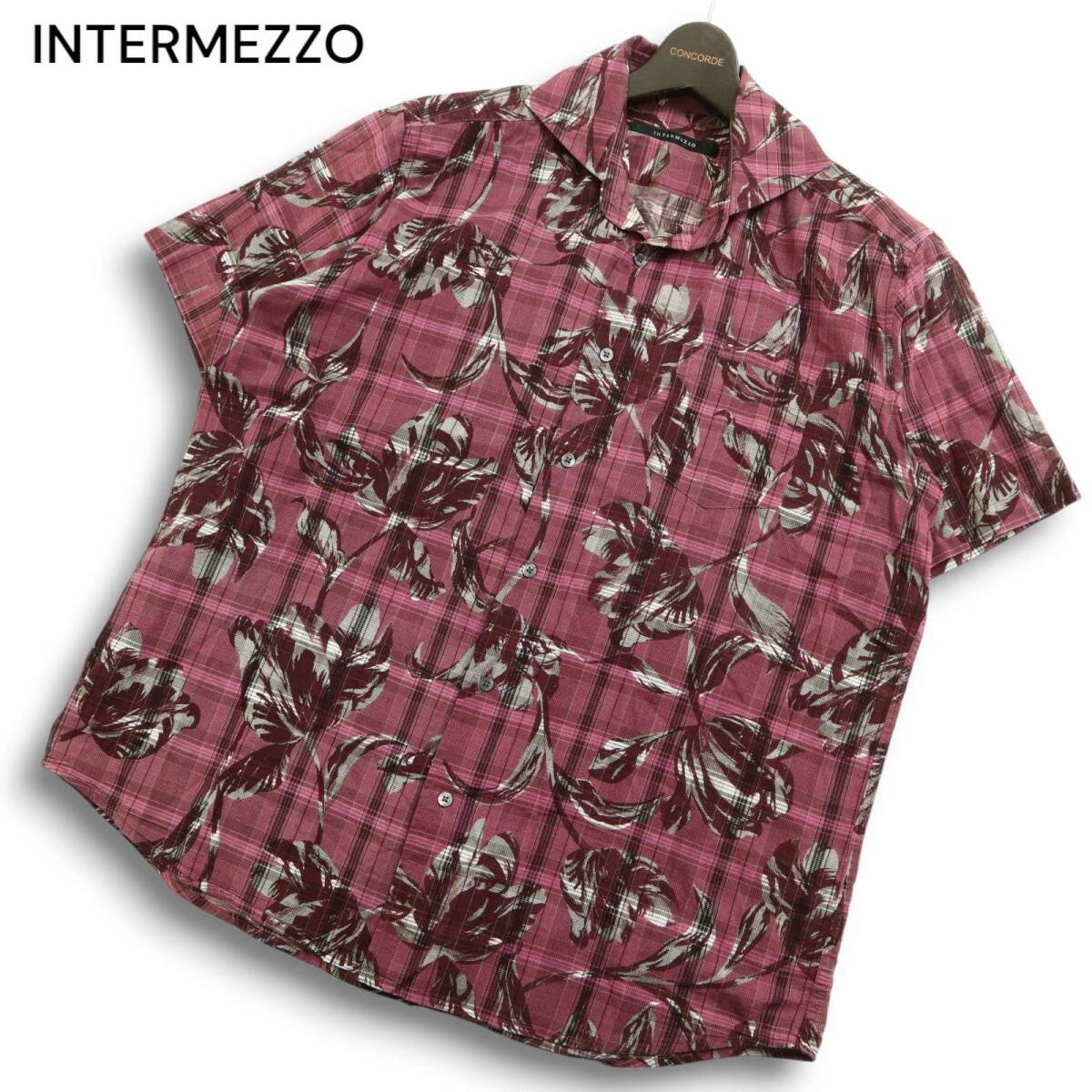 INTERMEZZO インターメッツォ レナウン 春夏★ チェック フラワー 総柄 半袖 シャツ Sz.LL メンズ 大きいサイズ拍卖