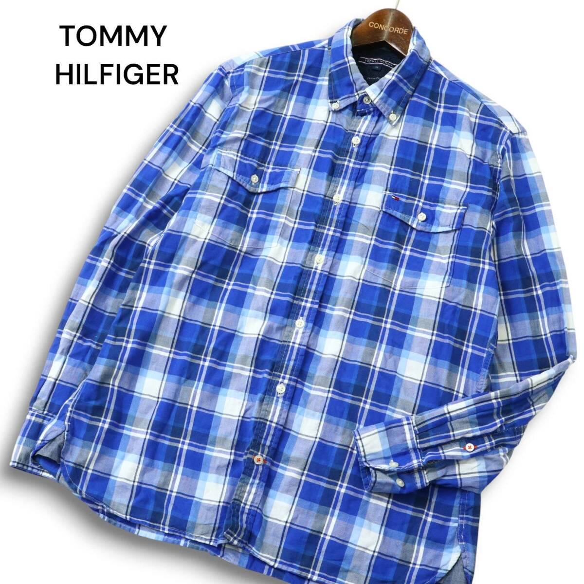 TOMMY HILFIGER トミーヒルフィガー 通年★ 長袖 ワーク ボタンダウン チェック シャツ Sz.M メンズ 紺 ネイビー拍卖