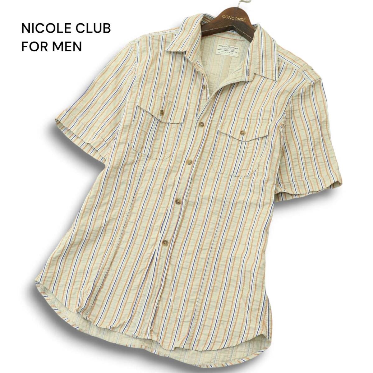 Y2K 00s★ NICOLE CLUB FOR MEN ニコルクラブ フォーメン 春夏★ 半袖 シアサッカー ストライプ ワーク シャツ Sz.48 メンズ拍卖
