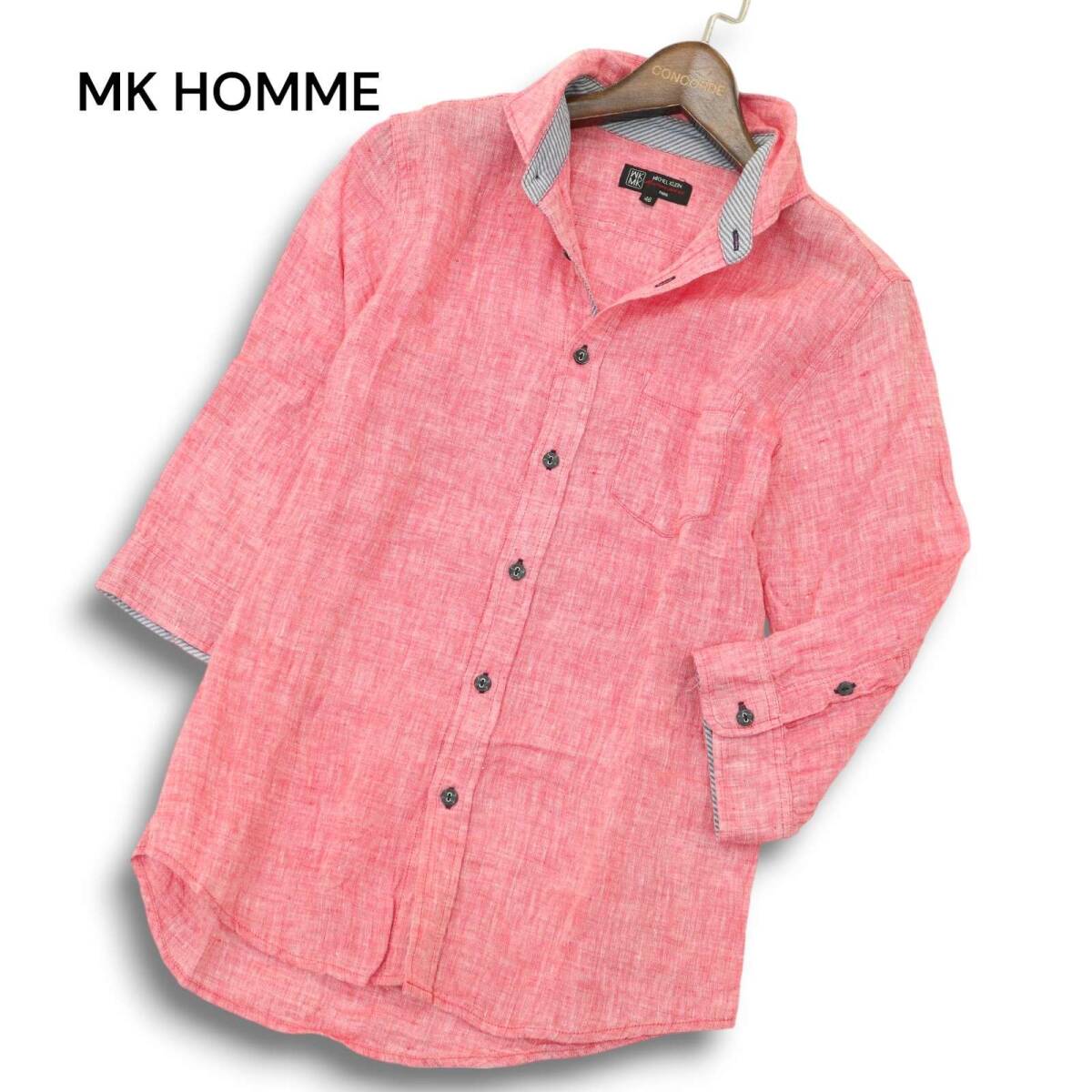 MK HOMME ミッシェルクラン オム 春夏★ 麻100% リネン 7分袖 スリム シャツ Sz.46 メンズ拍卖
