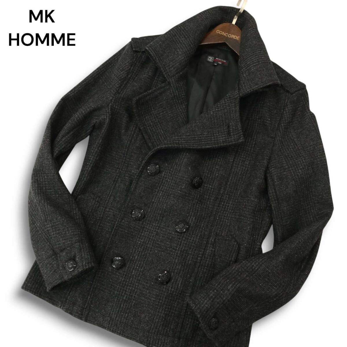 MK HOMME ミッシェルクラン オム 秋冬★ グレンチェック ウール混 メルトン Pコート Sz.46 メンズ グレー拍卖