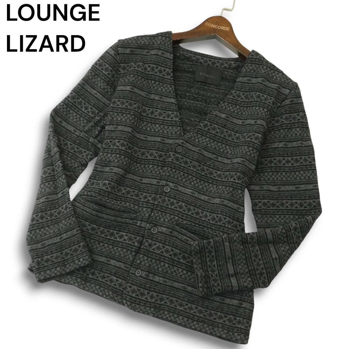 LOUNGE LIZARD ラウンジリザード 秋冬 ウール★ ジャガード柄 総柄 ニット カーディガン Sz.2 メンズ グレー 日本製拍卖