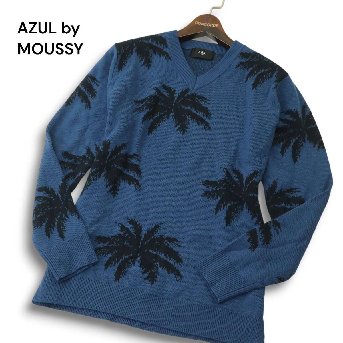 【新品 未使用】 AZUL by MOUSSY アズール マウジー 秋冬 ヤシの木柄★ Vネック ニット セーター Sz.M メンズ 青系拍卖