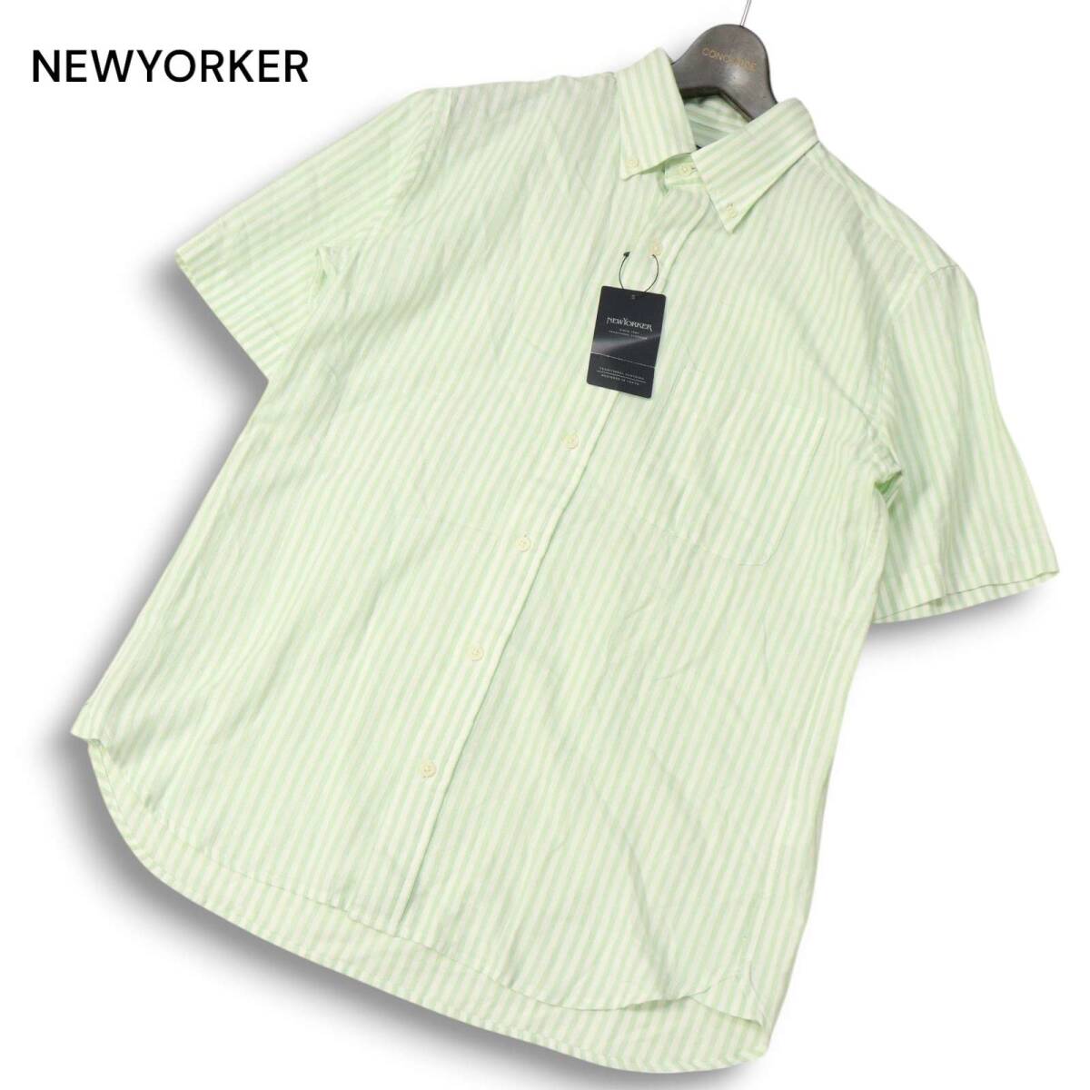 【新品 未使用】 NEWYORKER ニューヨーカー 春夏★ 半袖 ストライプ ボタンダウン シャツ Sz.M メンズ 定価1.3万拍卖