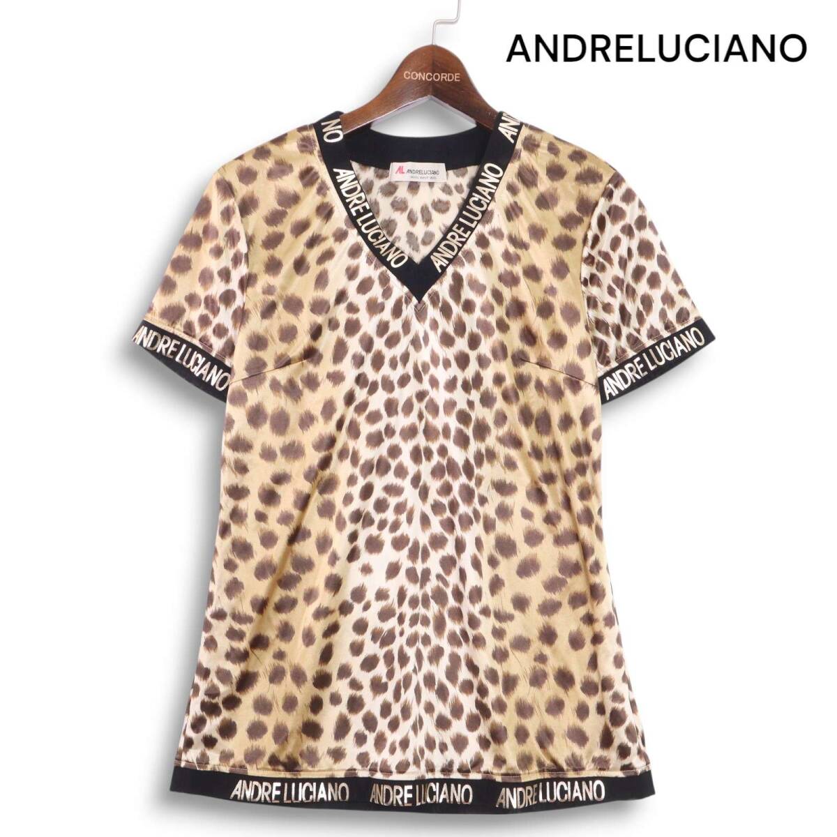 ANDRELUCIANO アンドレルチアーノ ロゴ 箔プリント レオパード総柄♪ 半袖 Vネック Tシャツ カットソー Sz.F レディース拍卖