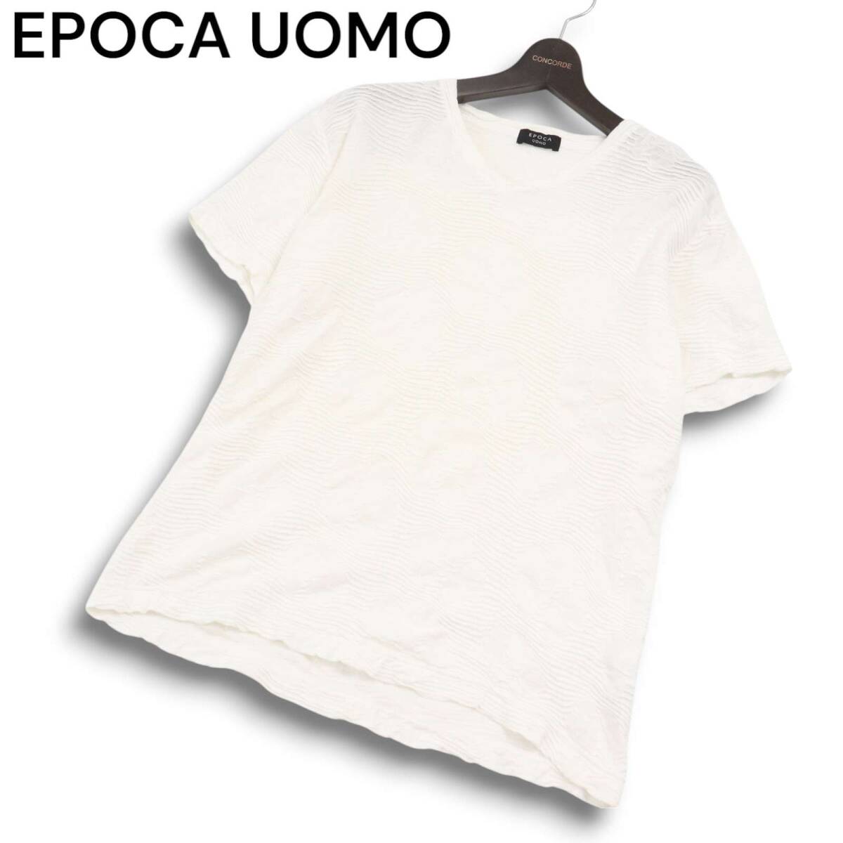 EPOCA UOMO エポカ ウォモ 春夏 ウェーブ タック 総柄★ 半袖 Vネック カットソー Tシャツ Sz.50 メンズ 白 日本製拍卖