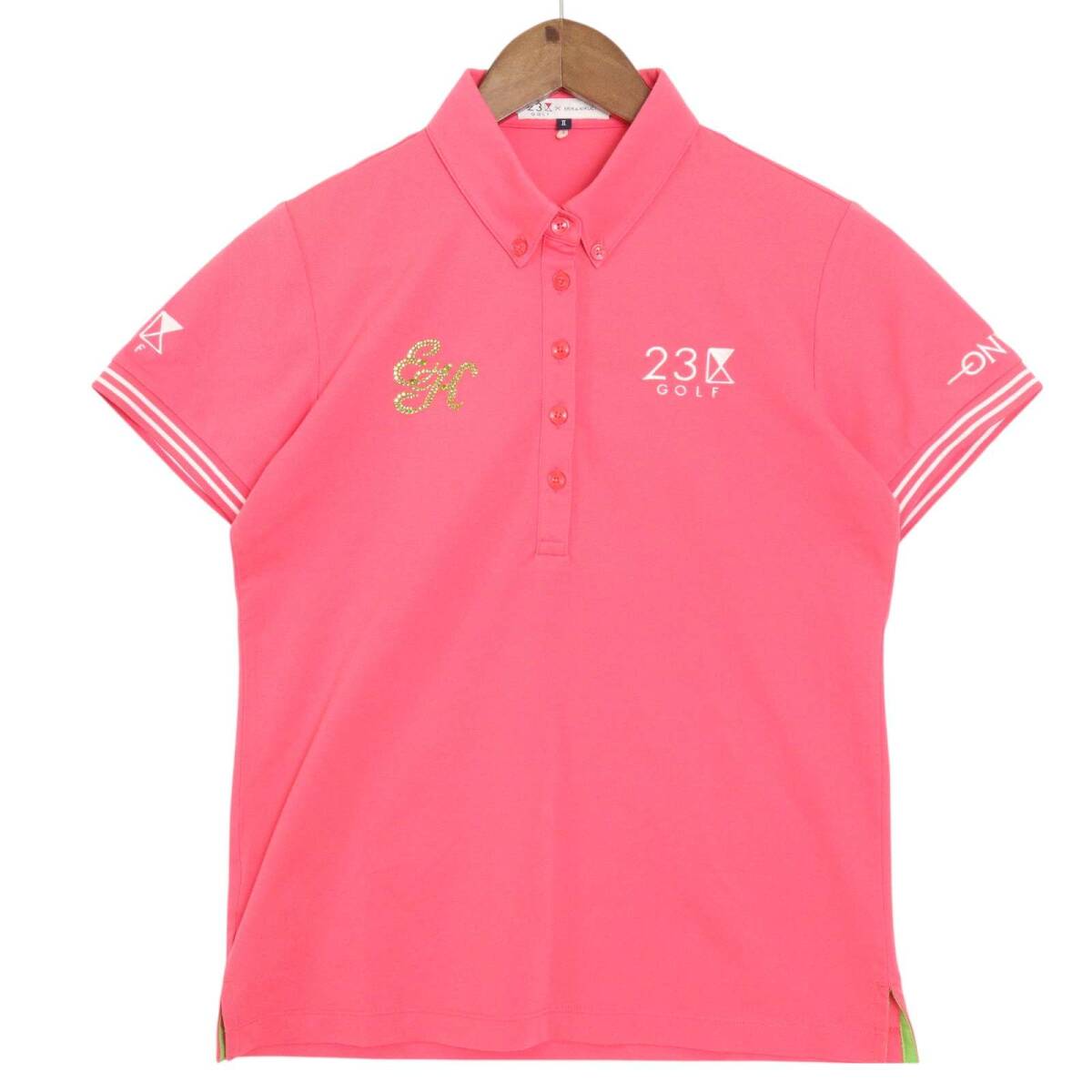 23区 golf 23区 ゴルフ 春夏 ラインストーン★ 刺繍 半袖 鹿の子 ポロシャツ Sz.2 レディース拍卖