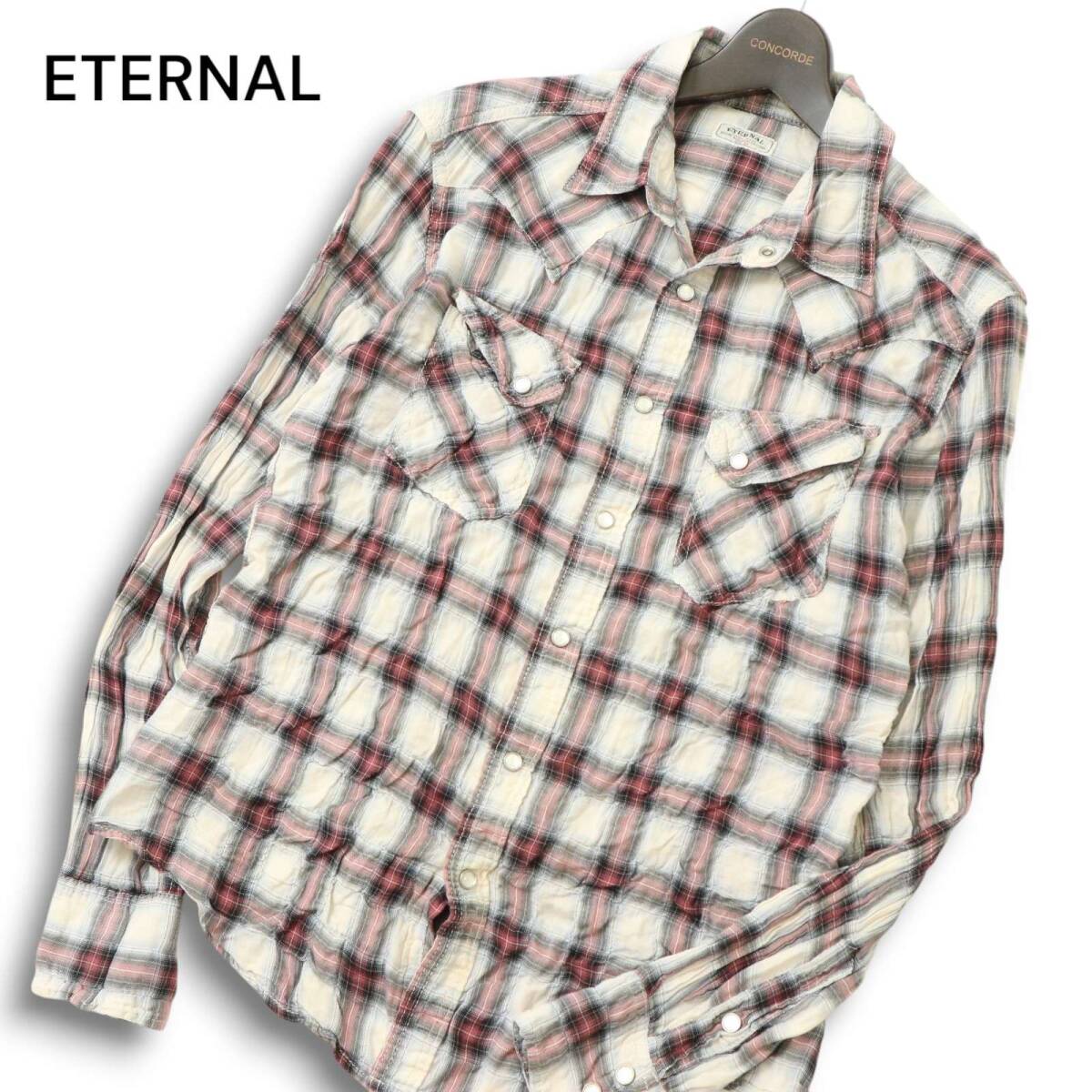 ETERNAL 備中倉敷工房 倉 エターナル 通年 シワ加工★ 長袖 ウエスタン チェック シャツ Sz.M メンズ 日本製拍卖