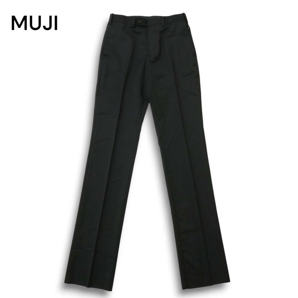 【新品 未使用】 MUJI 無印良品 通年★ ウール ウエスト伸縮 スリム スラックス パンツ Sz.73 メンズ 黒拍卖