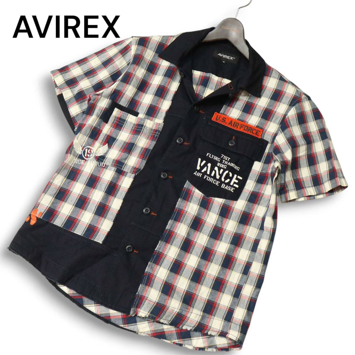 【美品 21SS】AVIREX アヴィレックス 春夏 リメイク パッチド★ 半袖 ミリタリー ワーク チェック シャツ Sz.M メンズ拍卖