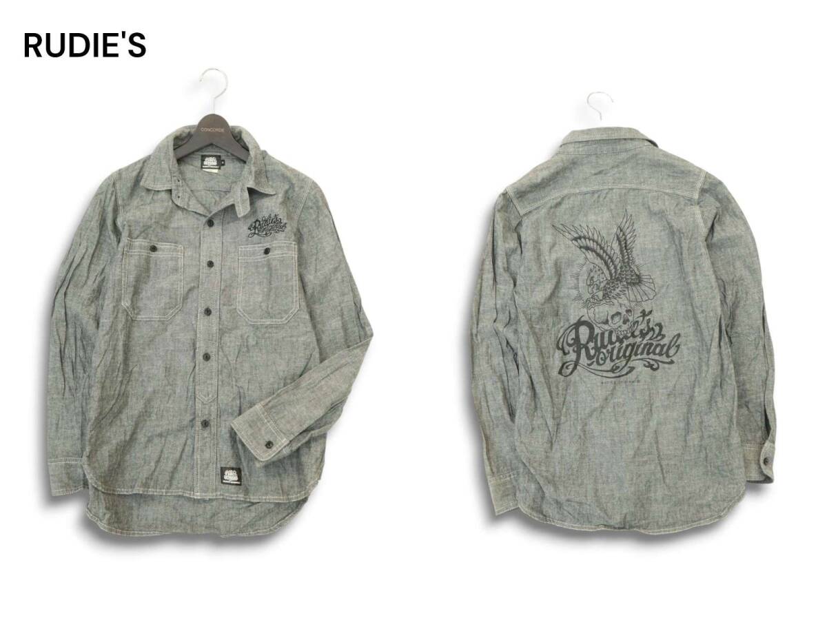 RUDIE'S ルーディーズ 通年 長袖 ロゴ刺繍 イーグル スカル プリント 長袖 シャンブレー ワーク シャツ Sz.S メンズ グレー拍卖
