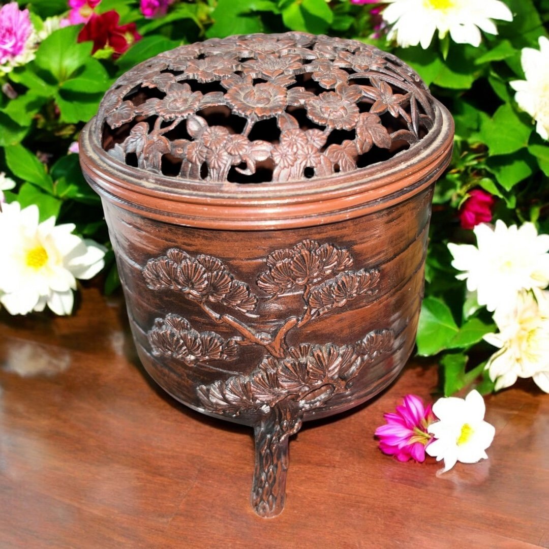 【FU10】某有名オークション買入 精山作 香炉 松竹梅 銅製 3つ足 線香立て 茶道具 古銅 希少 アンティーク 骨董拍卖