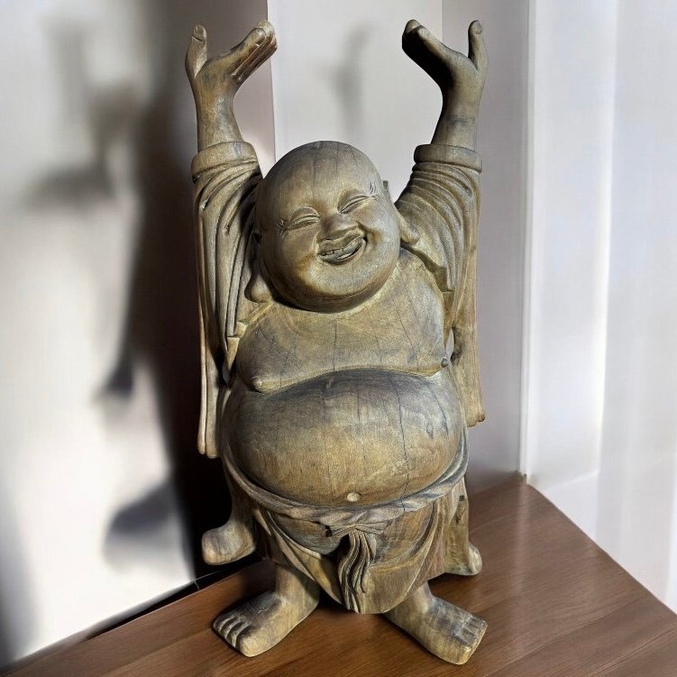 【FU10】木彫り 布袋尊 七福神 木製 布袋様 商売繁盛 開運 縁起物 彫刻 仏像 古美術 インテリア 置物 オブジェ 骨董品 アンティーク拍卖