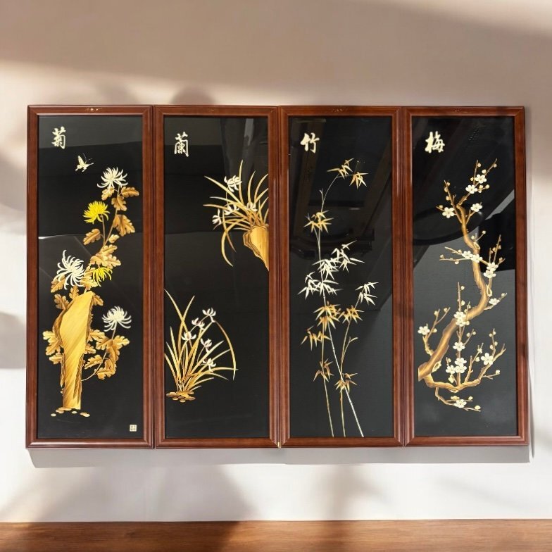 【FU10】中国美術 絵画 4枚セット【菊蘭竹梅】額装 壁掛 扁額 五彩 色絵 蒔絵 貼り絵 切り絵 民国 古美術 インテリア アンティーク拍卖