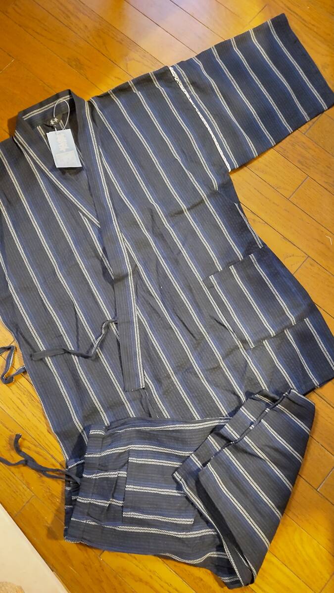 新品 甚平 上下セット L しじら織 紺地に青と白の縞■送600拍卖