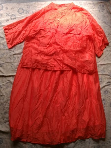 OPAQUE.CLIP アンサンブル 朱色系 サイズ 40/L 半袖シャツ&スカート 上下セット 襟無しブラウス ワールド オペークドットクリップ 古着拍卖