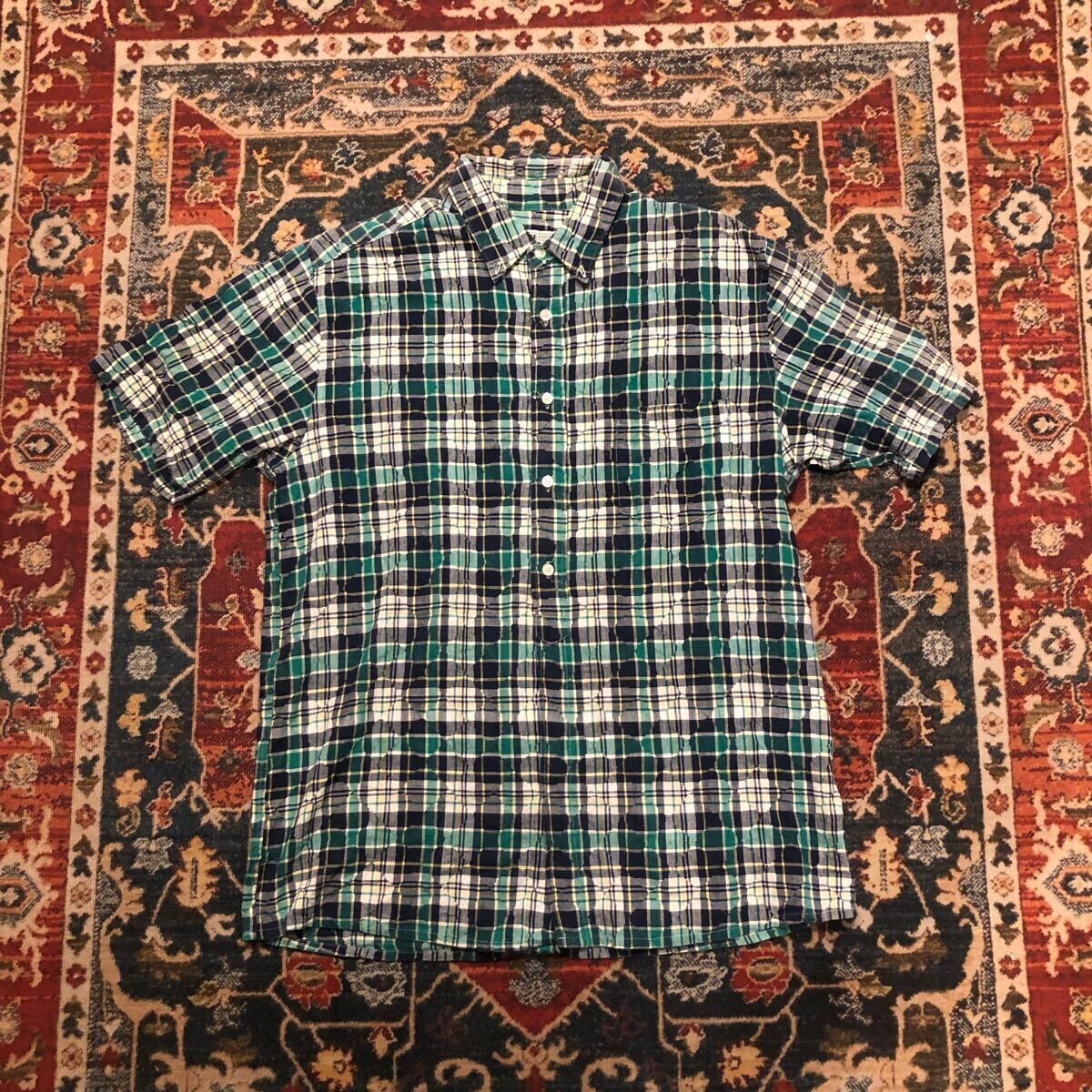 90s RESONATE GOOD ENOUGH グットナイフ シャツ 半袖シャツ コットン バック 刺繍 グリーン チェック 緑 古着 L 拍卖